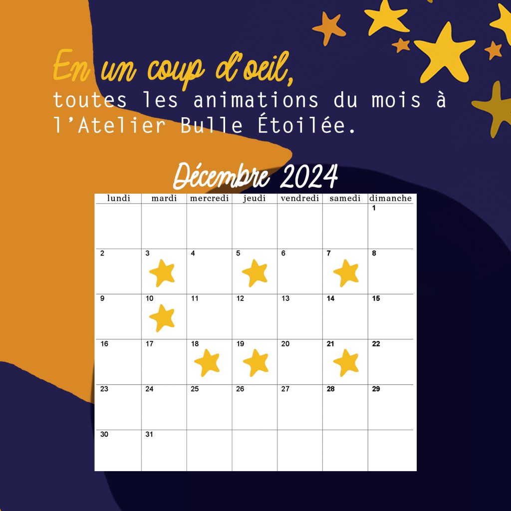Voici un panorama de ce qu’il se passera à l’Atelier durant tout le mois de Décembre 2024 : Bulle de Créativité, Bulle de Liberté, Bulle pour Soi et interventions Hors-les-murs sont au rendez-vous !