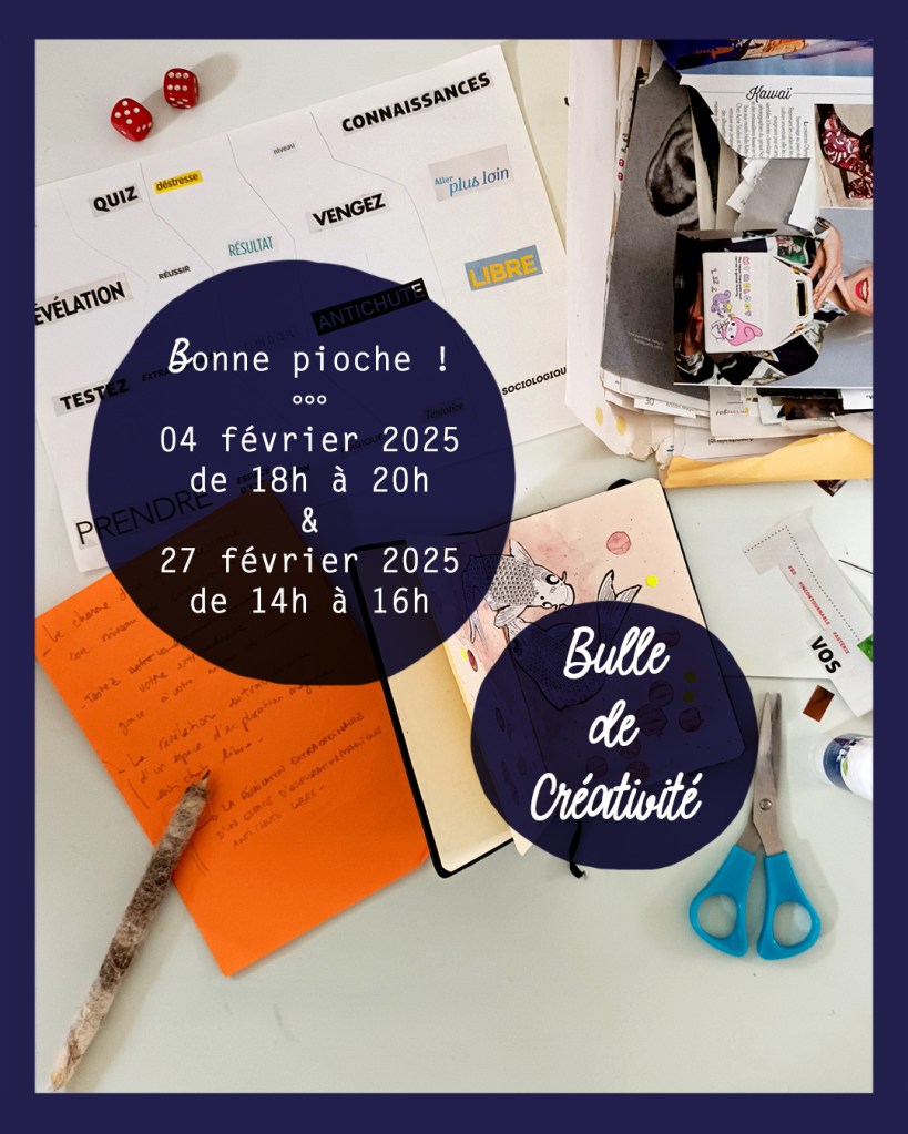 Ateliers créatifs en petit groupe autour du jeu et du hasard autour de l’écriture et du collage, les 04 et 27 février 2025.